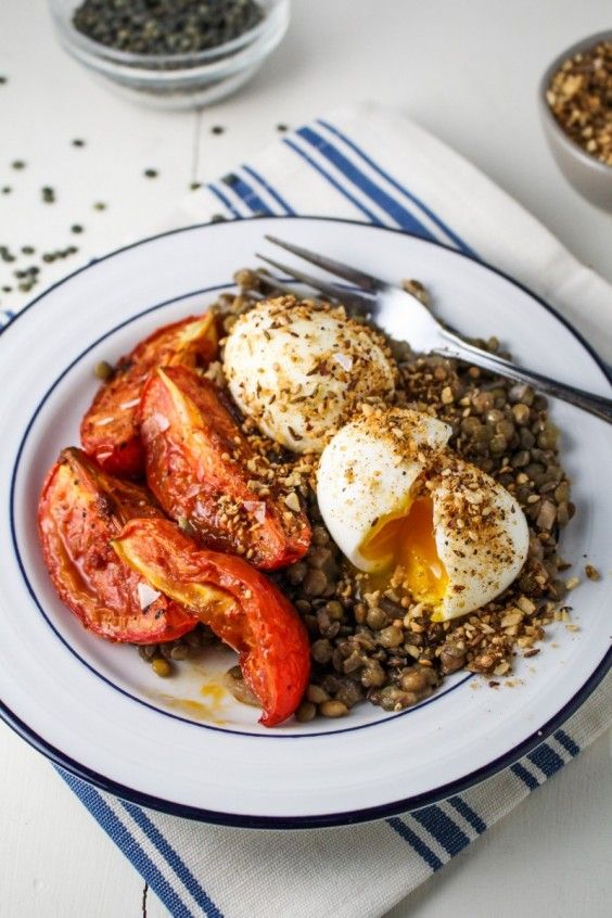 8. Lentils, Roasted Tomatoes, and Dukka-Crumbed Eggs